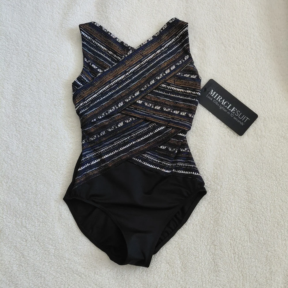 Miraclesuit Slimming One Piece Size 8 Black Multi Criss Cross Tummy Control Flat - Picture 4 of 8
